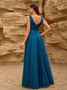 V领无袖刺绣网纱A字型正式伴娘礼服、优雅派对礼服、正式婚礼宾客礼服、毕业典礼礼服、春季晚礼服 - 水鴨藍 - 查看 3