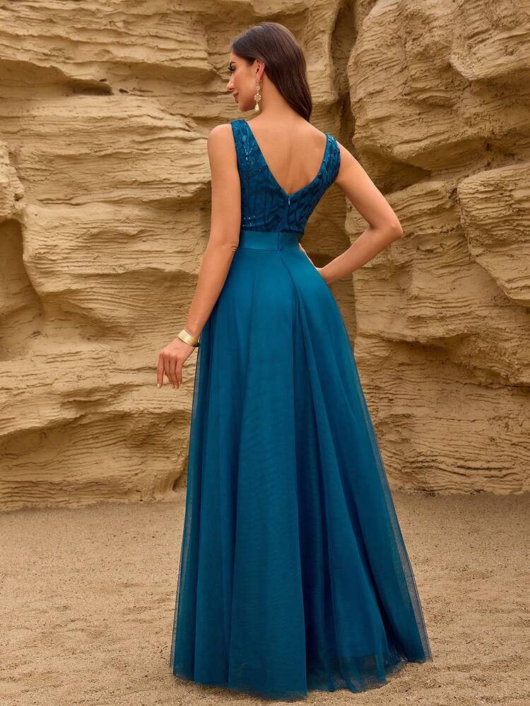 Vestido de dama de honor formal de línea A con cuello en V sin mangas, bordado y de malla, vestido de fiesta elegante, vestido de invitado de boda formal, vestido de ceremonia de graduación, vestido de noche de primavera - Agua verde azul - Añade 2