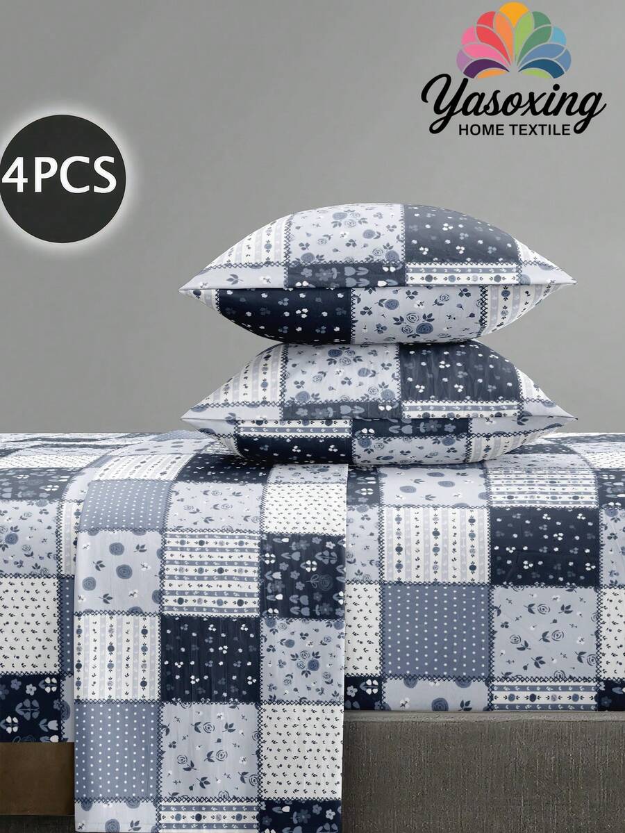 4pcs Blue Bohemian Geometric Floral Pattern Bedding Set, Soft Microfiber Easy Care Bedding Set, Floral Pattern Bed Sheet Set (1 Bed Sheet + 1 Fitted Sheet + 2 Pillow Shams), Fitted Sheet Set, Fits Twin, Full, Queen, King Size - Multicolor - View 1