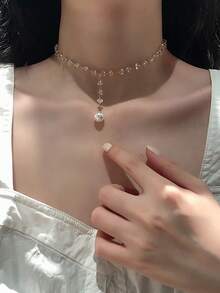 Faux Pearl & Crystal Choker - White - View 1