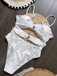 Jednolity Kolor Strój Kąpielowy, Asymetryczny Metalowy Dekor Europejskie I Amerykańskie Damskie Bikini - Biały - Zobacz 2