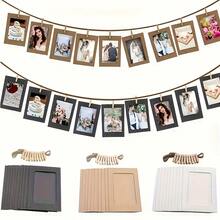 21pcs/Set Retro Style Kraft Paper Photo Frames With Flag Banner Decor, Including Clips And Ts, Suitable For Wedding, Anniversary, Birthday, Festival Party, Home Decor, Desktop DIY (10 Frames + 10 Clips + 1 Rope) - Multicolor - View 2