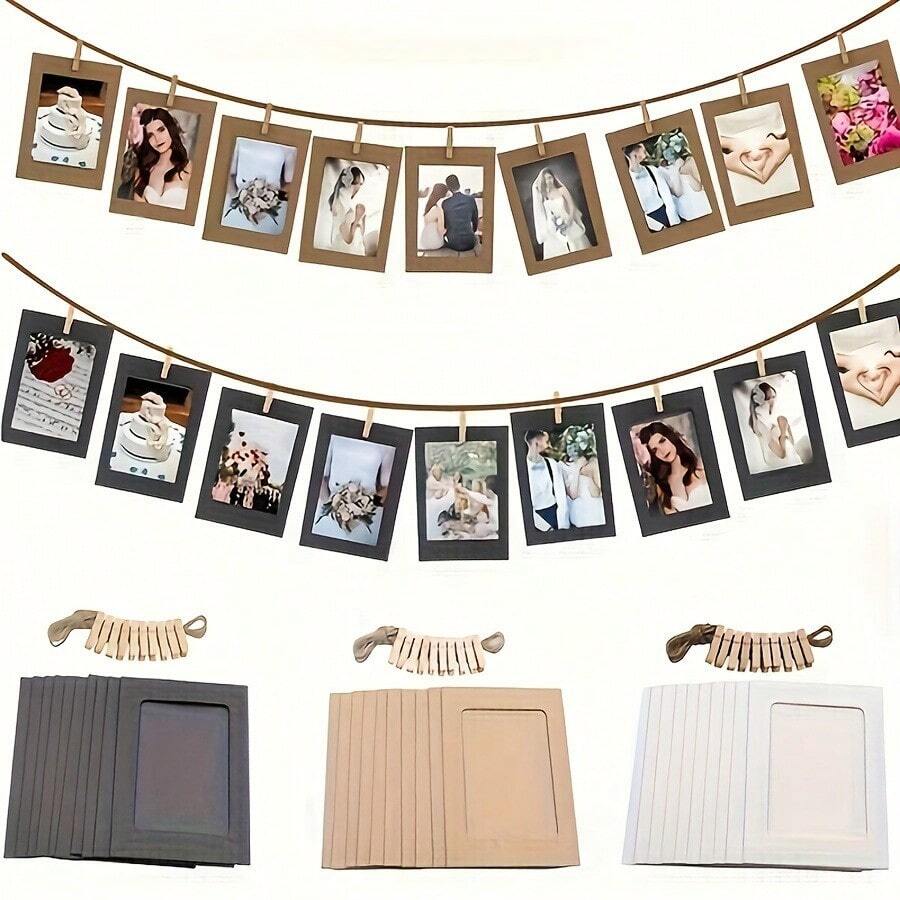 21pcs/Set Retro Style Kraft Paper Photo Frames With Flag Banner Decor, Including Clips And Ts, Suitable For Wedding, Anniversary, Birthday, Festival Party, Home Decor, Desktop DIY (10 Frames + 10 Clips + 1 Rope)