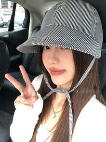 1pc Fresh Striped Multi-Way Wear Big Brim Sunscreen Sun Hat, Versatile Fit For Face Flattering Bucket Hat - Multicolor - View 8