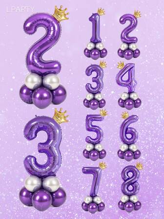 10PCS Purple & Silver Birthday Balloon Set – 32'' Purple Number Balloons 0-9, Mini Gold Crown Foil Balloon, 10'' Purple & 5'' Metallic Silver Latex Balloons – Elegant Party Decor