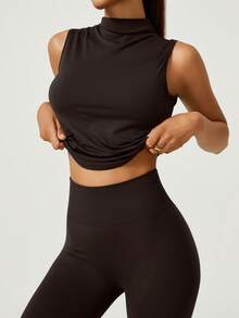 NcmRyu 2pcs Women's Mock Neck Pleated Shaped Camisole Top And High Waist Slim Fit Leggings Set, Shaping & Lifting - Coffee Brown - View 3