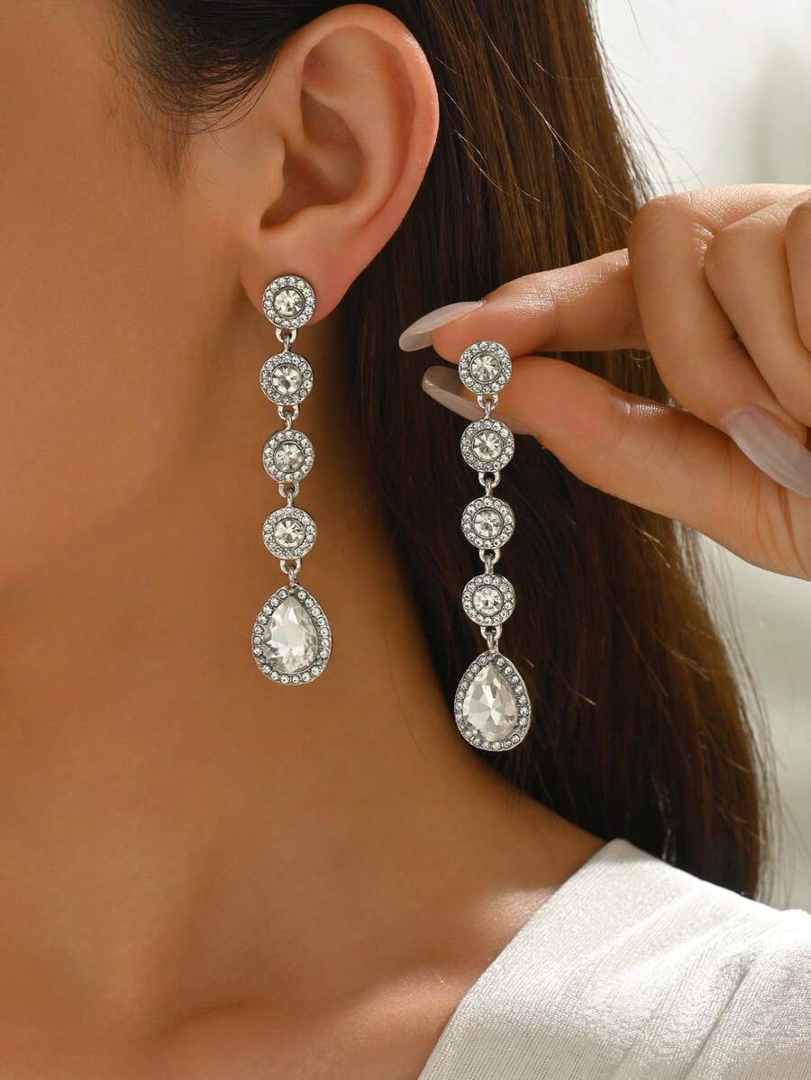 1 par de pendientes de clip con forma de lágrima con incrustaciones de rhinestone, adecuados para uso diario y fiestas para mujeres - Plateado - Ver 1