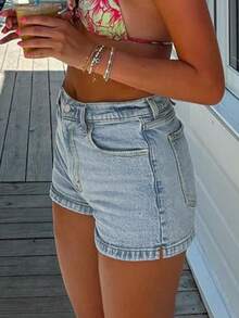 Women's Simple & Versatile Faded Color Denim Shorts, Slimming & Lengthening - Light Wash - View 4