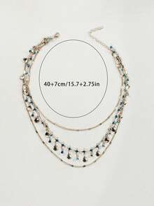 1pc 3-Layer Blue Zirconia & Golden Shell Necklace, Unique Design Delicate Jewelry - Blue - View 6
