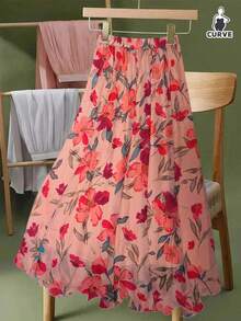 Plus Size Women's Chiffon Floral Print High Waist Loose Fit Maxi Skirt, Elegant Casual Summer Beach Holiday