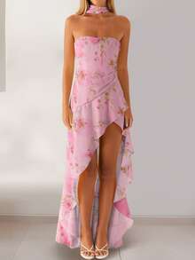 Women Cute Floral Print Cami Tank Midi Ruffle Dress With Scarf Y2k Asymmetrical Mesh Backless Flowy Long Dresses - 粉色 - 查看 4