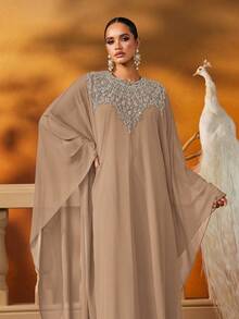 AmazingHoney Elegant Blue Chiffon Kaftan With Silver Embellishments And Long Sleeves, Abaya Dress, Party Abaya, Formal Gown (Oversized Fit– Please Check Size Chart),Modest - Khaki - View 4