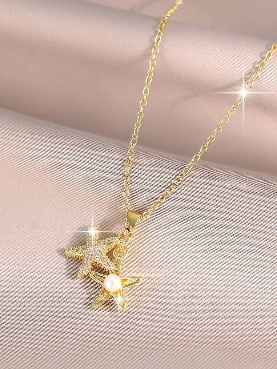 jealous young 1 pieza Collar colgante de estilo vacaciones en la playa con estrella de mar de perla falsa y circonita, de color dorado, de moda y sencillo, para decoración diaria de mujer
