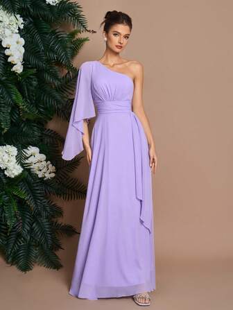 AOSHABABI 优雅紫色单肩不对称袖荷叶边侧拉链露背雪纺正式长裙，经典女士正式晚礼服，适合毕业舞会、婚礼嘉宾、约会、音乐节、节日派对、宴会、伴娘