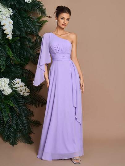 AOSHABABI 优雅紫色单肩不对称袖荷叶边侧拉链露背雪纺正式长裙，经典女士正式晚礼服，适合毕业舞会、婚礼嘉宾、约会、音乐节、节日派对、宴会、伴娘