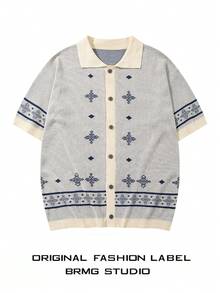 Herren Vintage Lässig Loose Jacquard Polokragen Kurzarm Strick Cardigan Top, Frühling/Sommer - Aprikosenfarben - Übersicht 3