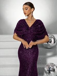 Fuaheng 优雅荷叶袖亮片V领女士正式晚礼服，适合婚礼、春季派对等场合 - 紫色 - 查看 3