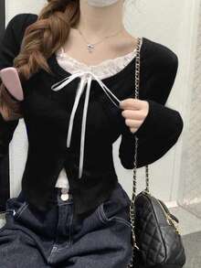 春季韩版蕾丝拼接纽扣修身二合一长袖T恤上衣 - 黑色 - 查看 1