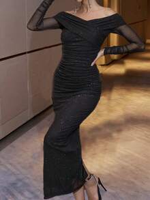 优雅露肩长袖派对礼服，性感，纯色，成人露肩晚礼服