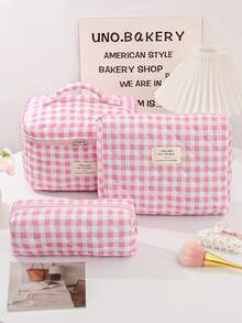 Túi đựng mỹ phẩm họa tiết kẻ ô màu hồng, túi đựng đồ đa năng, bộ túi đựng mỹ phẩm dung tích lớn, túi đựng mỹ phẩm in họa tiết caro dễ thương, túi đựng cọ trang điểm, giỏ đựng đồ dùng văn phòng bằng vải mềm, xô đựng dụng cụ làm đẹp, túi đựng đồ chăm sóc da, túi đựng đồ vệ sinh cá nhân du lịch di động, túi đựng đồ dùng vệ sinh họa tiết kẻ sọc. - Hồng - Xem 18
