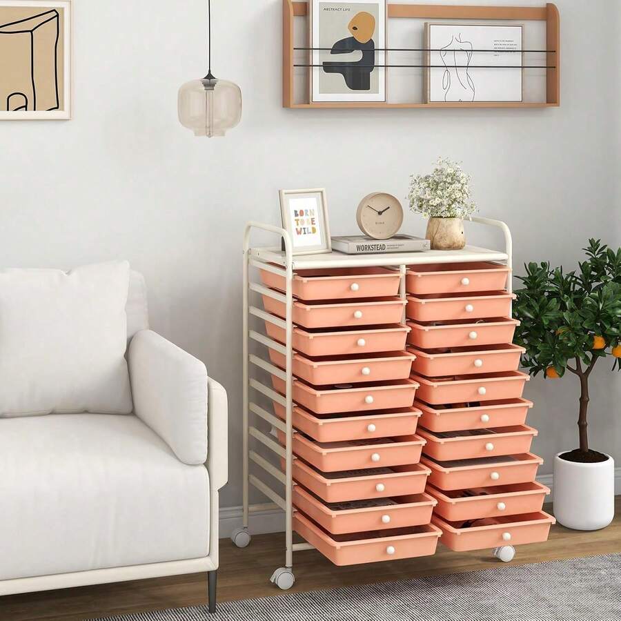 20 Drawers Rolling Cart, Mobile Storage Drawer Cart, Classroom Organizer Cart For Office School Supplies Tools Scrapbook Paper Craft Small Printer, Utility Cart On Wheels, Peach - Peach Fuzz - View 1