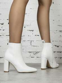 Women's White Pointed Toe Simple Personalized Thick Heel Ankle Boots, Elegant For Evening Party, Versatile & Slimming - White - View 4