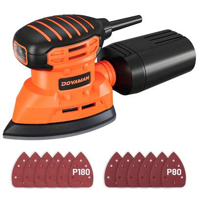 DOVAMAN Lijadora de detalles, herramienta de lijadora de palma de 130 W, hasta 12000 rpm, con 12 piezas de papel de lija, con sistema eficiente de recogida de polvo, lijadoras de mano para superficies