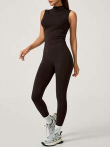 NcmRyu 2pcs Women's Mock Neck Pleated Shaped Camisole Top And High Waist Slim Fit Leggings Set, Shaping & Lifting - Coffee Brown - View 5