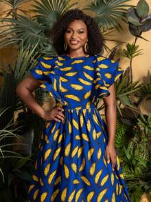 女士圆领荷叶袖 A 字中长连衣裙 - 宽松版型大码日装，适合休闲外出、海滩度假、周末早午餐、公园漫步和日常差事 - 藍色 - 查看 8