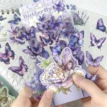 6pcs Flower & Butterfly Stickers - Self-Adhesive PET Plastic Stickers For Scrapbooking, Journals, DIY Crafts, With Blue, Gold Accents, Leaves And Butterflies, Rectangular Shape, Scrapbooking Stickers, Butterfly Decor,School Supplies,Back To School
