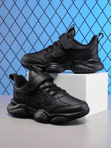 Fashion Children Shoes, Kids Sports Shoes, Waterproof Leather Surface Black School Shoes For Boys And Girls, Toddler To Big Kid Sizes