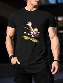 Camiseta de Calvin y Hobbes para hombre - Camiseta gráfica genial de dibujos animados vintage - Cuello redondo negro, manga corta - Ropa casual - Regalo para esposo, novio, padre - Negro - Ver 1