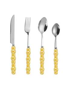 4pcs/Set Stainless Steel Utensil Set,Romantic Ceramic Pearl Handle Western Cutlery Knife Fork Spoon Coffee Spoon,Reusable Tableware,Or School, Picnics, Parties, Outdoor Dining, Camping Accessories School Supplies Travel Essentials Accessories Back To School Dorm Essentials