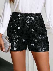 Women's Sequin Shorts Stylish Sparkle Elastic High Waist Shorts For Summer Spring - Black - View 1