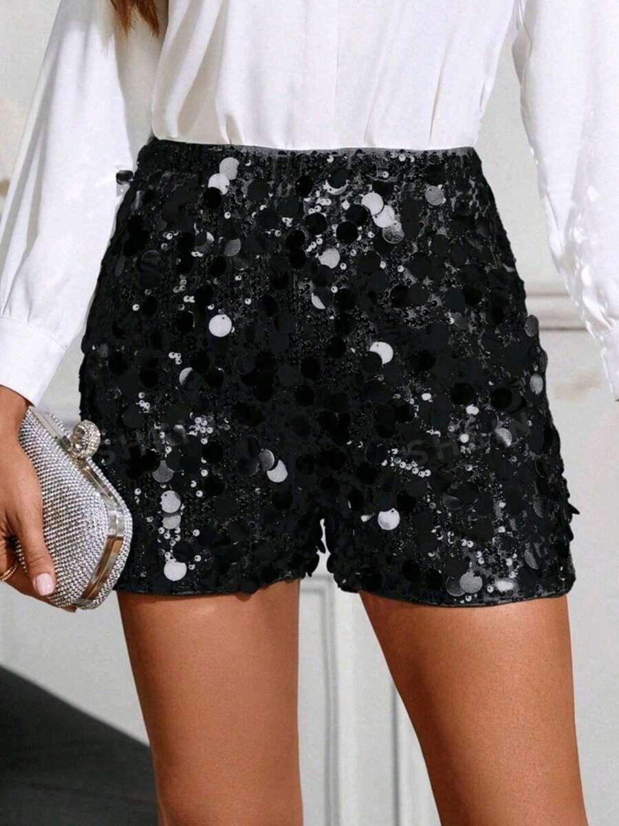 Women's Sequin Shorts Stylish Sparkle Elastic High Waist Shorts For Summer Spring - Black - View 1