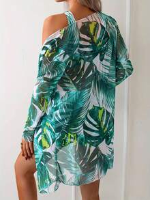 Conjuntos de verano para mujer, bikini con estampado de plantas tropicales y shorts con nudo delantero talla grande cheeky, y kimono de manga larga como cobertura para vacaciones de verano,3 piezas - Verde - Ver 3