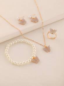 5pcs/Set Girls' Plastic Butterfly Necklace, Pearl Beaded Bracelet, Earrings, Ring Set, Decoration For Daily And Vacation