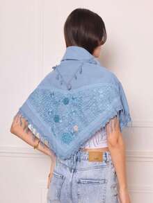 Polyester Fringed Triangle Scarf With Lace And 4 Floral Embossment - Baby Blue - View 2