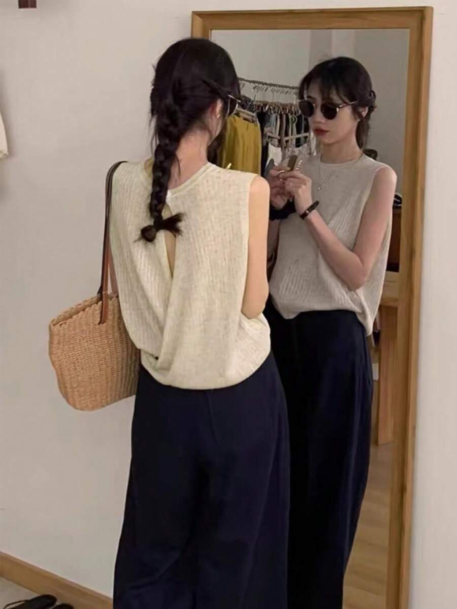 女士无袖背心，夏季新品，设计感独特，交叉 - 杏色 - 查看 1