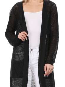Women's Beach Cover Up With Pockets And Hoodie Kimono Style Long Sleeve Open Front Cardigan Knit Summer Yemak - 黑色 - 查看 2