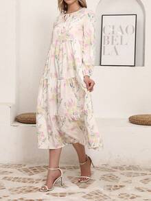 Floral Print Tie-Back Patchwork Ruffle Hem Arabic Dress, Modest - Multicolor - View 8