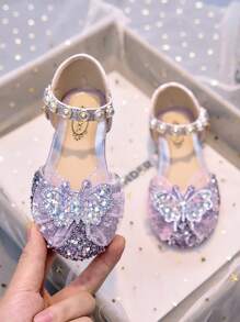 1 双女童水钻封闭式芭蕾平底鞋，软底蝴蝶珍珠水晶亮面公主凉鞋，适合日常休闲穿着