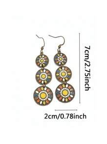 TopHanqi 3 Pairs Bohemian Retro Style Women's Earrings Set, Multi-Layer Painted Geometric Circle Sun Flower Pendant Earrings, Versatile Daily/Party/Commute Accessories, All Season