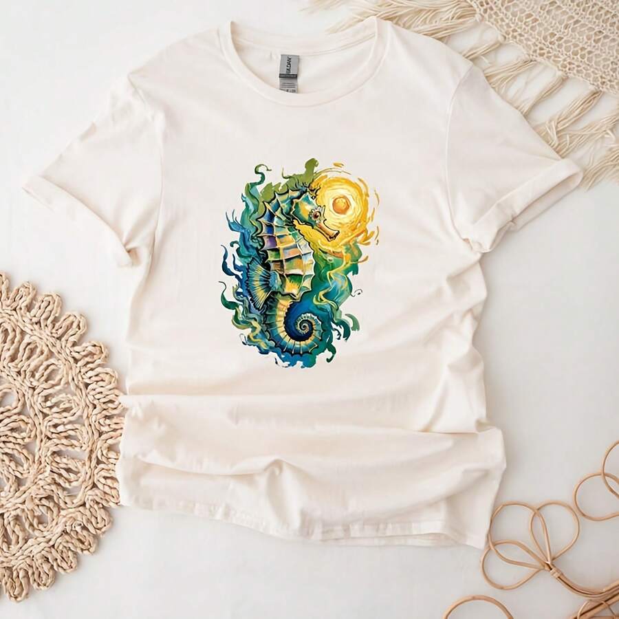 Camiseta de caballito de mar para amantes de los animales. Camiseta de caballito de mar para artistas. Camiseta de caballito de mar de Van Gogh para cumpleaños. - Blanco - Ver 1
