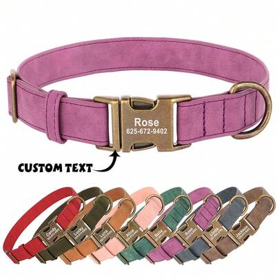 Retro PU Leather Engraved Dog Collar, Customized Solid Color Adjustable Necklace Anti-Lost Pet Collar, Available In Purple, Pink, Blue, Green, Brown Ornamental,Engraved Stylish,Fashion,Colorful,Vintage,Cute,Contracted,Cuties Custom,Unique,Customized,Personalized Pet For Anniversaries,For Birthdays