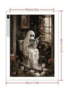 Ghost Reading Newspaper In The Toilet Diamond Painting New Style DIY Hand-Unzipped Diamond Stickers Healing Halloween Theme Frameless Painting Round Diamond Decoration Hanging Painting - 彩色 - 查看 3