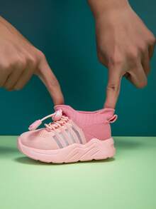 New Soft, Breathable & Non-Slip Casual Sport Shoes With Elastic Mesh For Kids, Simple Design, Suitable For All Seasons, Lightweight And Easy To Wear - Pink - View 10