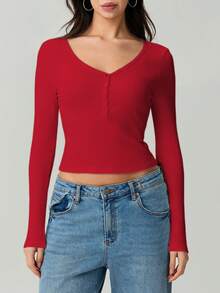 Women's Summer Slim Cropped Tops Solid Color Ribbed Long Sleeve V-Neck Button Show Navel T-Shirt - Red - View 1