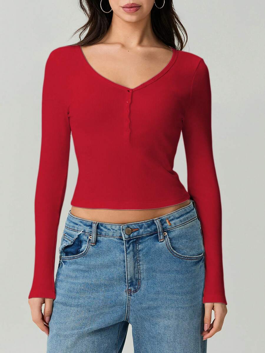 Women's Summer Slim Cropped Tops Solid Color Ribbed Long Sleeve V-Neck Button Show Navel T-Shirt - Red - View 1