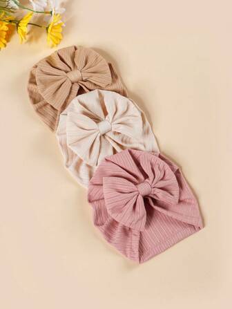 3 件装新生儿纯色弹性蝴蝶结无檐小帽，婴儿帽